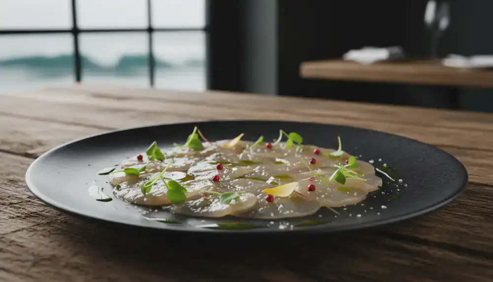 Chef delicately plating a fresh seafood dish