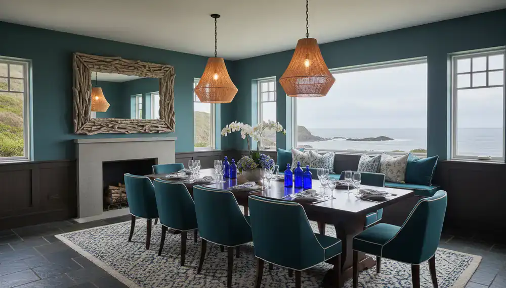 Elegant deep teal dining room setting