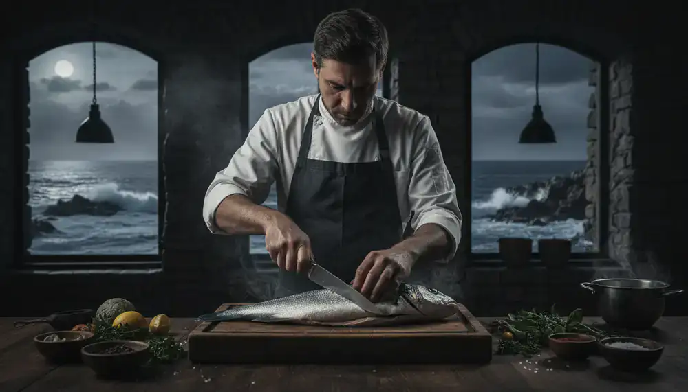 Chef expertly preparing a whole fish